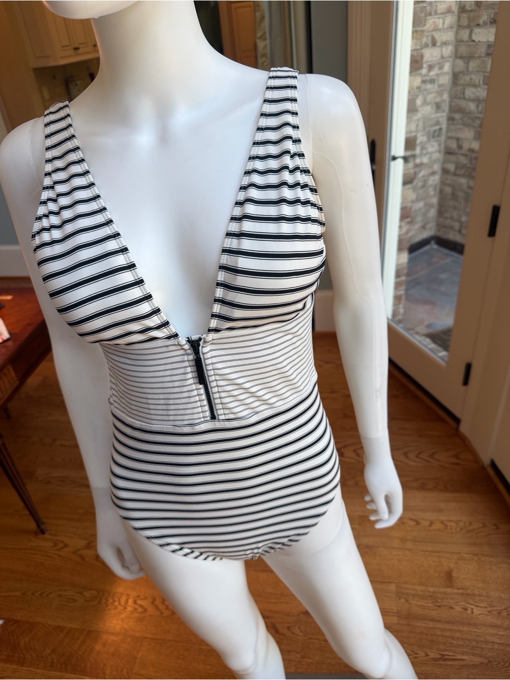 Ralph Lauren Striped Black & White womans One-Piece Swimsuit with Front Zip
